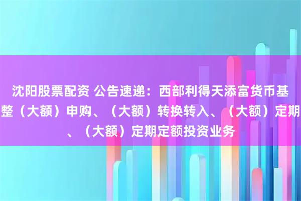 沈阳股票配资 公告速递：西部利得天添富货币基金元旦节前调整（大额）申购、（大额）转换转入、（大额）定期定额投资业务